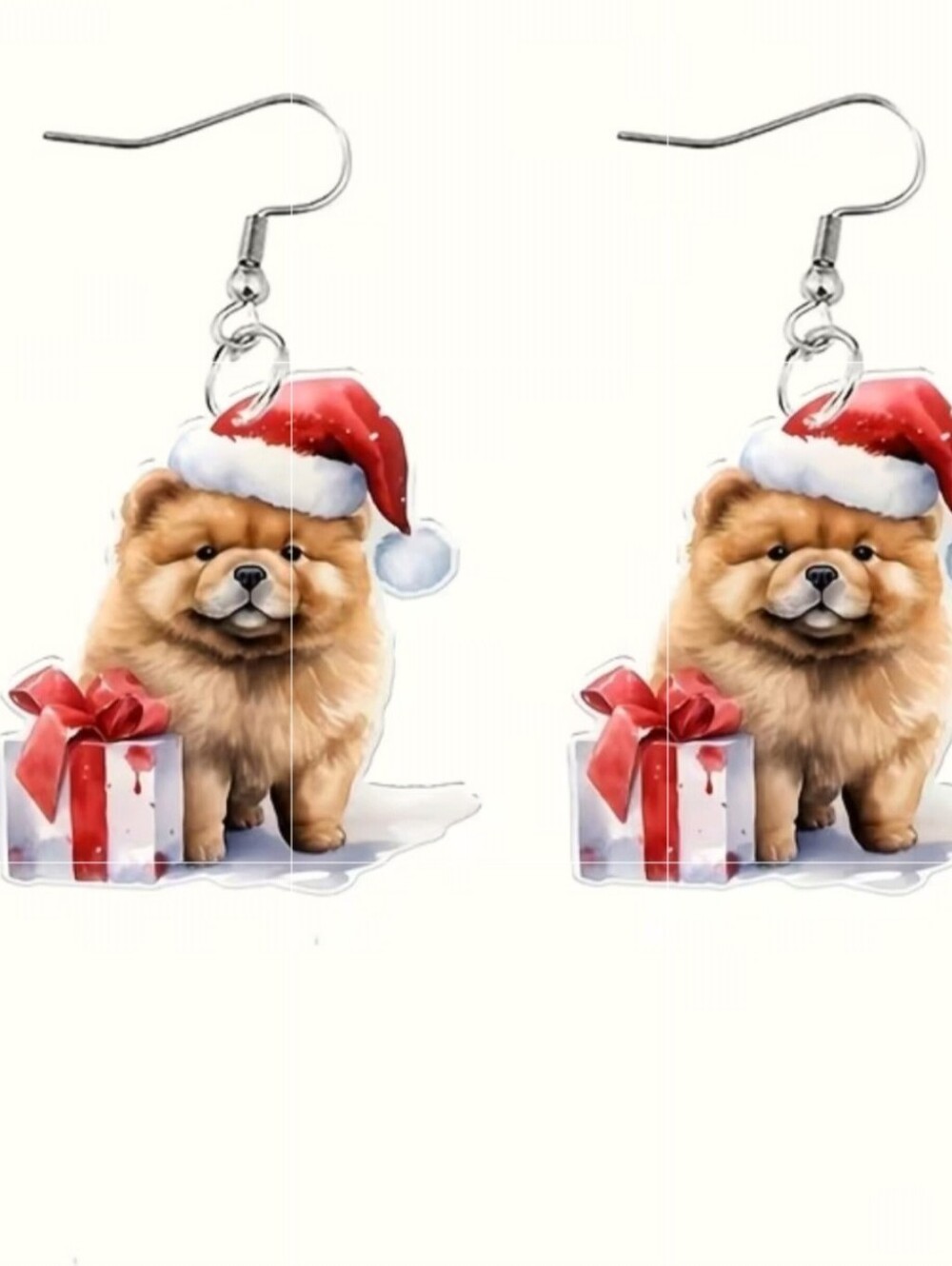 Hand Crafted Festive Red Santa Hat Chow Chow Dog Dangle Earrings